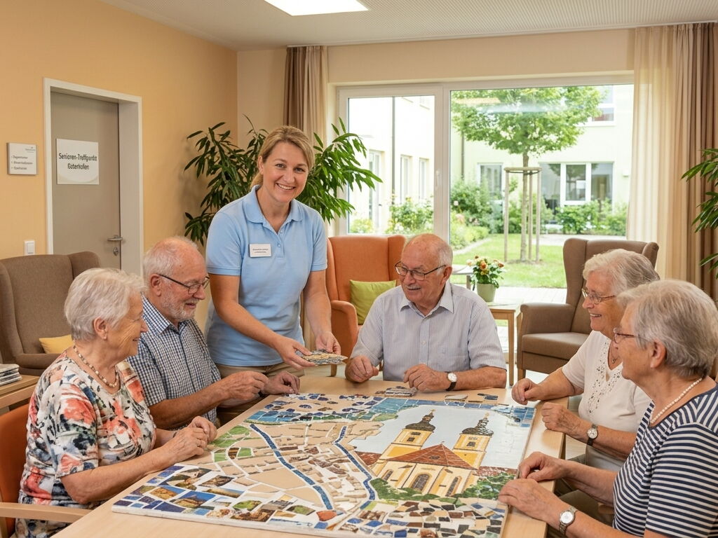 Betreuerin legt mit Seniorinnen und Senioren ein Puzzle